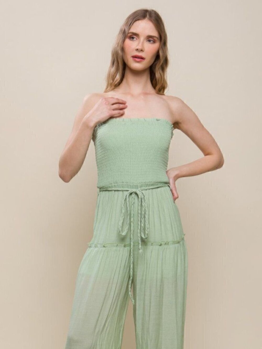 GiGiO Sage Green Strapless Woven Solid Sleeveless Top Smocked Ruffle Jumpsuit